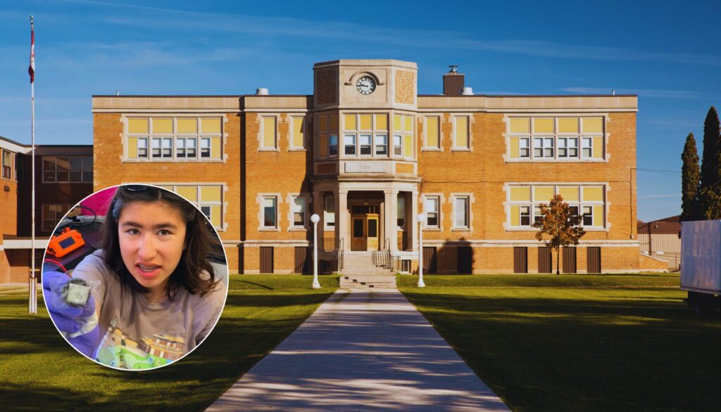 classic two story high school building made of bricks with headshot of Chloe in the lower left