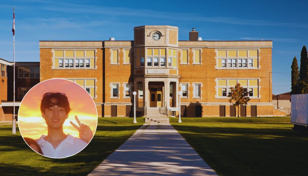classic two story high school building made of bricks with headshot of Daniel in the lower left