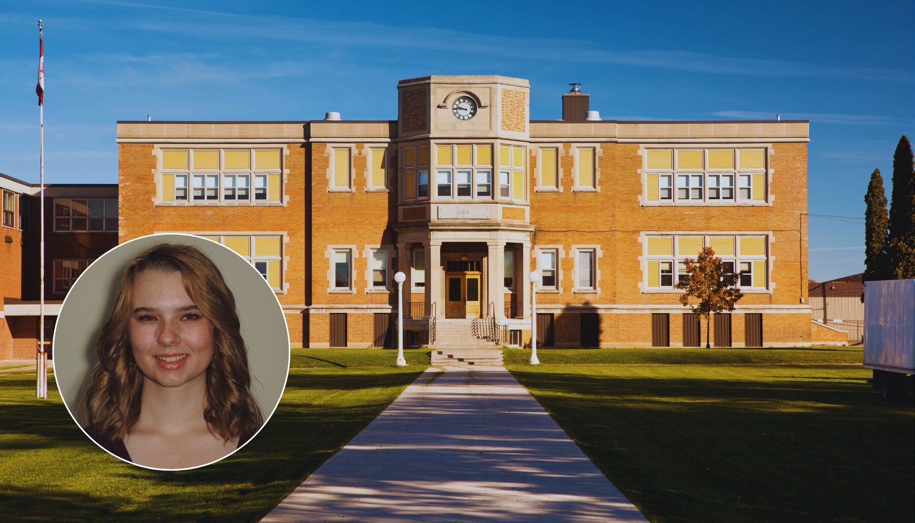 classic two story high school building made of bricks with headshot of JohannaKate in the lower left