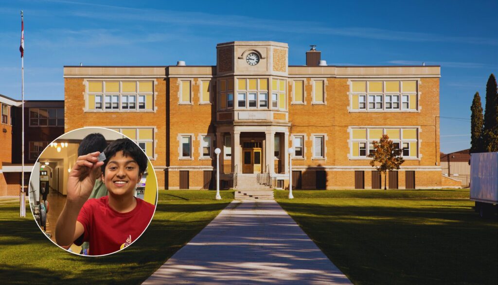 classic two story high school building made of bricks with headshot of Shaurya in the lower left