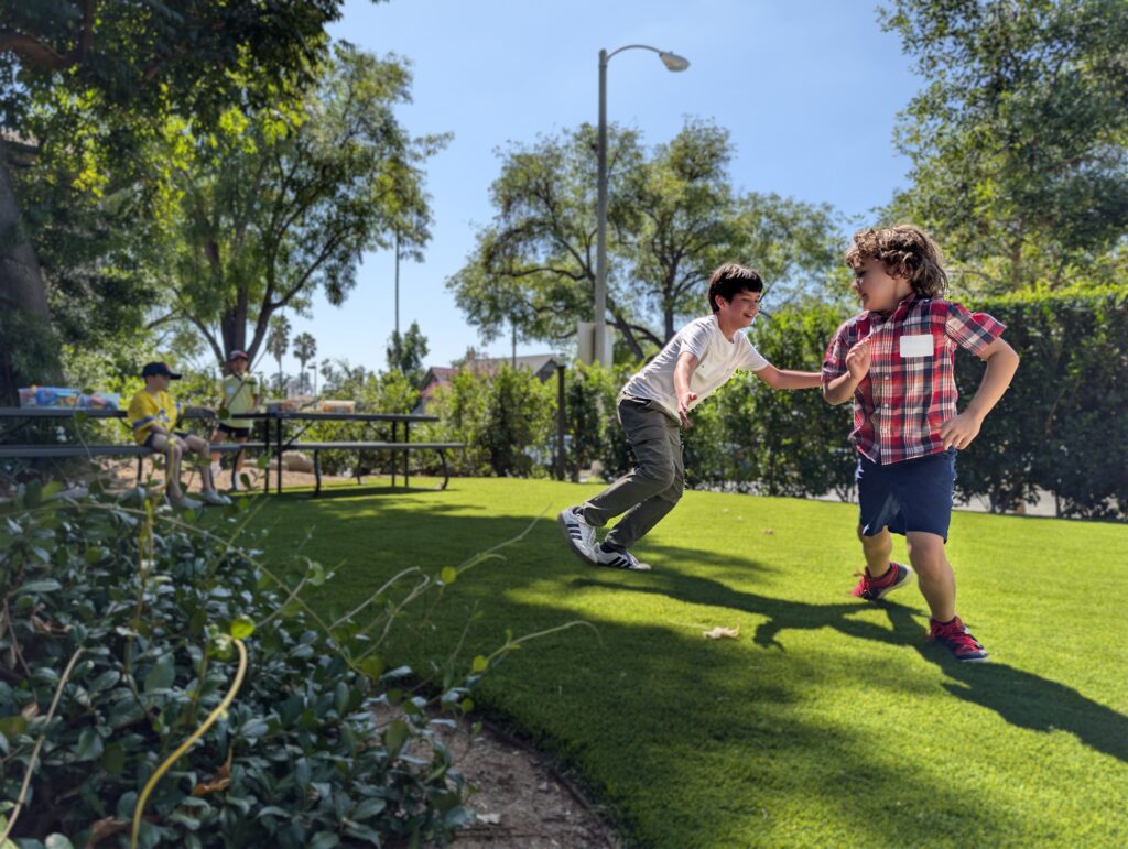 Two boys playing tag on a bright green lawn on a sunny day