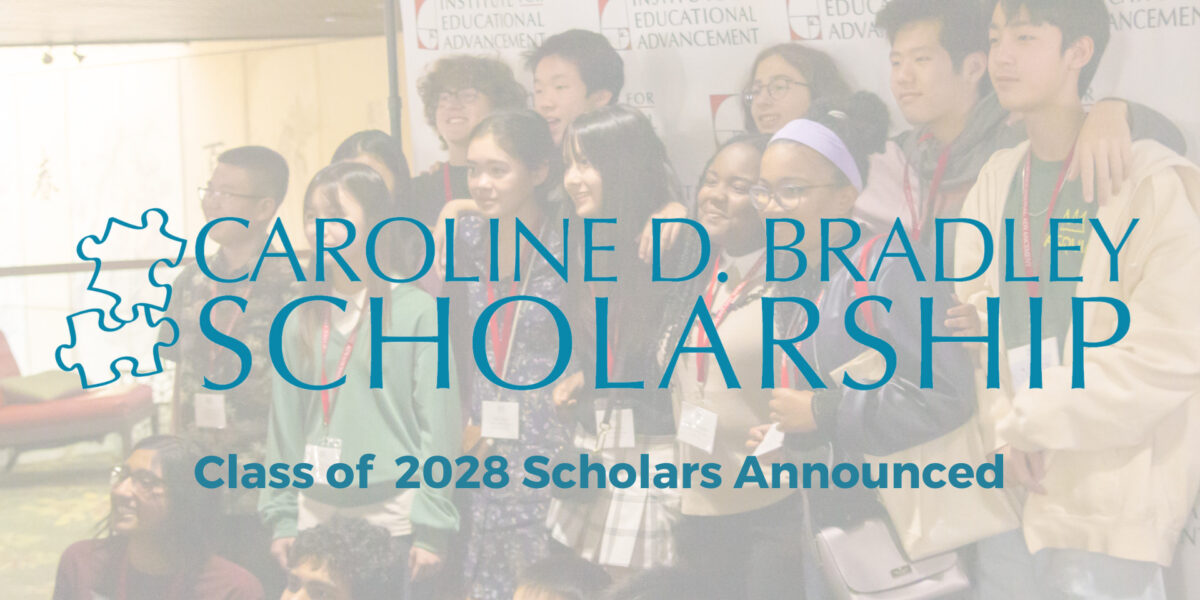 Group of IEA Caroline D Bradley Scholars overlayed by the Caroline D Bradley Scholarship logo