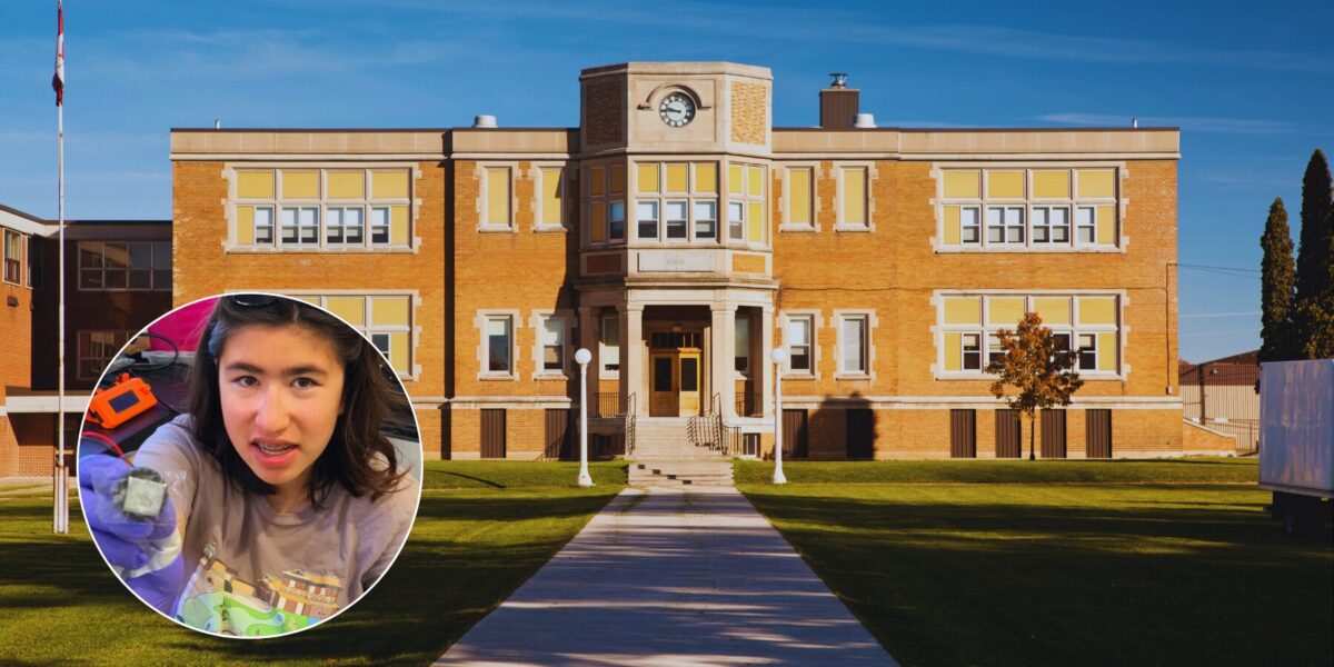 classic two story high school building made of bricks with headshot of Chloe in the lower left
