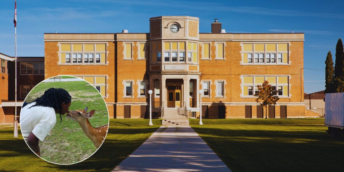 classic two story high school building made of bricks with headshot of Daryn in the lower left