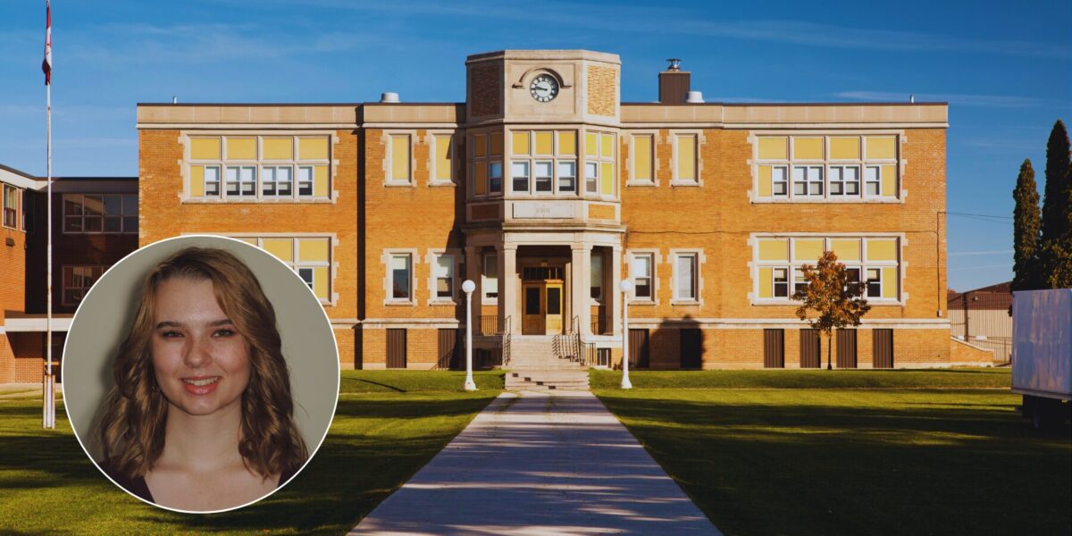 classic two story high school building made of bricks with headshot of JohannaKate in the lower left