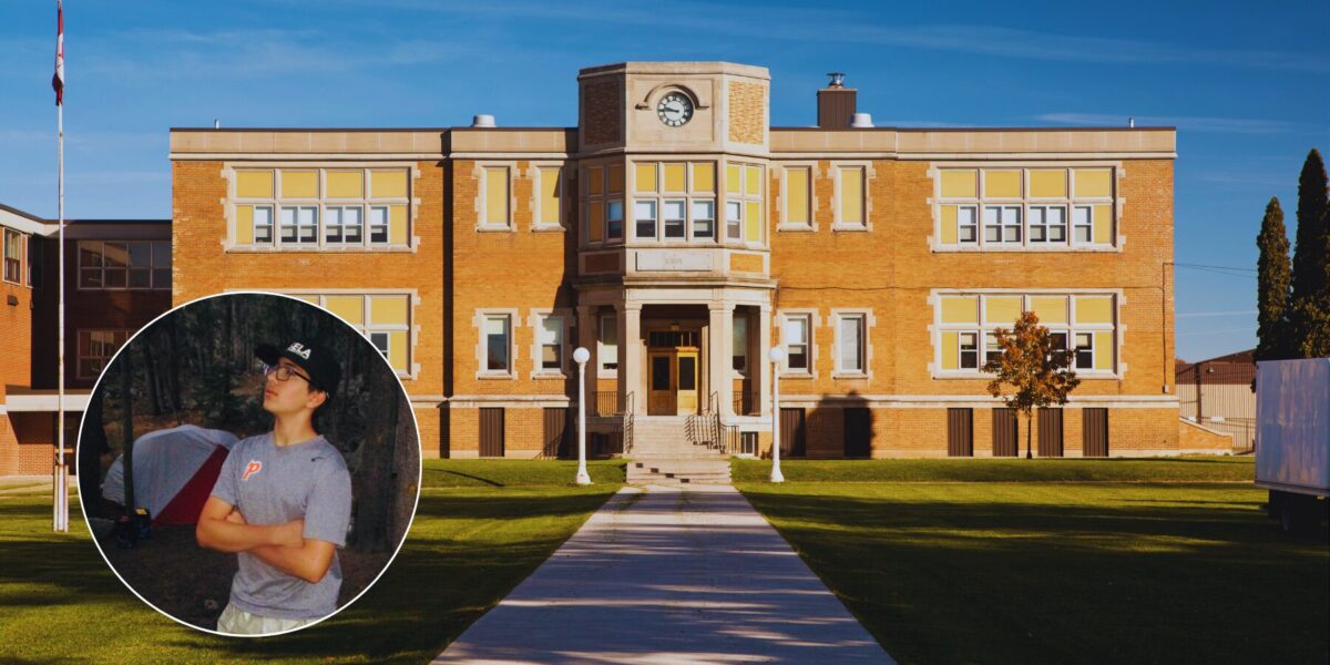 classic two story high school building made of bricks with headshot of Santiago in the lower left