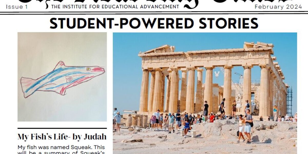The top of The Academy Times Issue 1, featuring 2 stories by Judah and Alex, Judah's drawing, and a photo