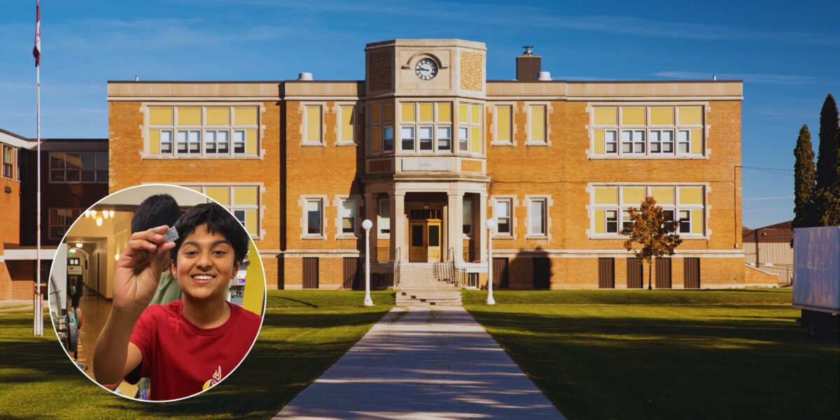 classic two story high school building made of bricks with headshot of Shaurya in the lower left